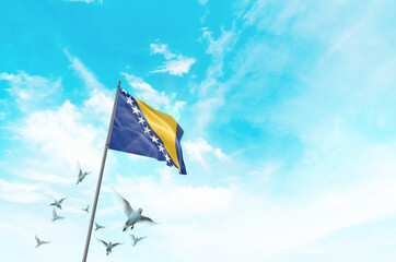 Bosnia and Herzegovina flag waving with flying doves in beautiful sky. Bosnia and Herzegovina flag...