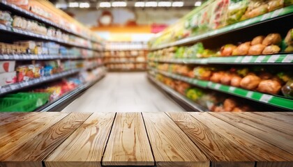 Wood table with blurred supermarket background.