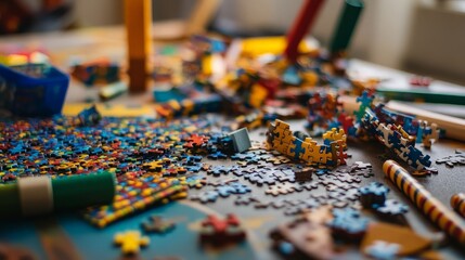 Colorful Puzzle Pieces Scattered on Table