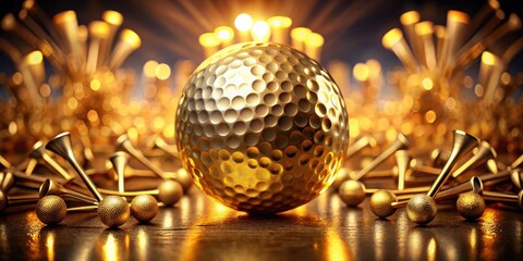 Obraz premium Bright and luxurious gold golf ball and pins illuminated by a radiant light symbolizing the ultimate victory in golf