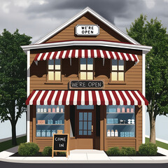 Obraz premium Vintage Storefront with Red and White Awning Charming Small Town Store with Red and White Awning Shop