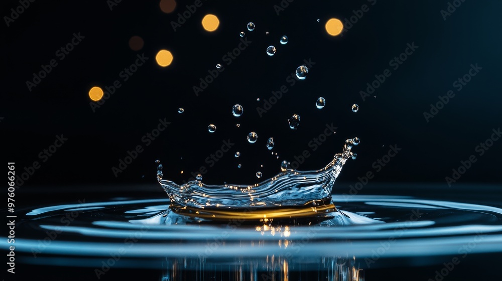 Poster a close-up image of a water droplet splashing into a still body of water, creating a crown-like spla