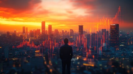 A city skyline at sunset with upward financial graphs overlaying the scene, symbolizing economic growth.
