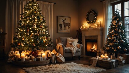 Cozy Christmas setting with tree and decor.