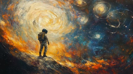 Obraz premium Astronaut standing on a rock gazing at a swirling galaxy.