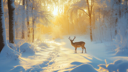 Winter Forest at Sunrise with a Lone Deer and Golden Rays