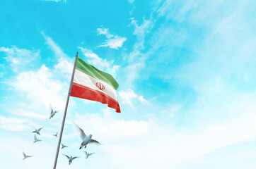 Iran flag waving with flying doves in beautiful sky. Iran flag for Republic Day and Independence...