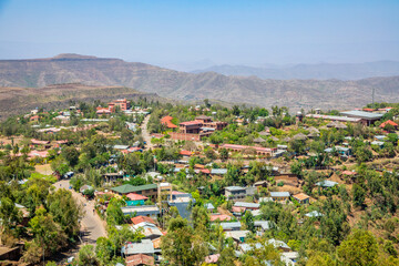 Aerial view to ethiopian town streets and buildings, Lalibela, Amhara Region, Ethiopia.