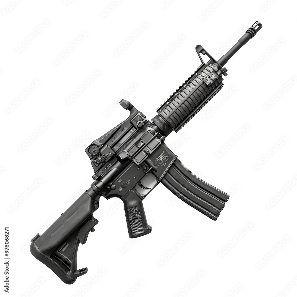 Poster a military-style rifle is displayed horizontally on a plain background, highlighting its features an