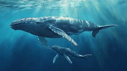 Humpback Whale and Calf Swimming in Ocean