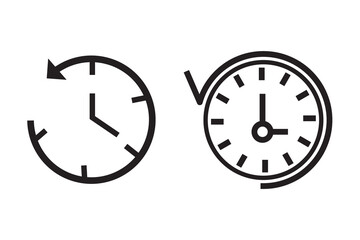 History past events vector icon set. Account history icons. Clock go back in time. Circle past time backward arrow black. Clock, time icons. Vector illustration