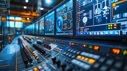 Obraz premium Industrial Control Room with Monitors and Buttons