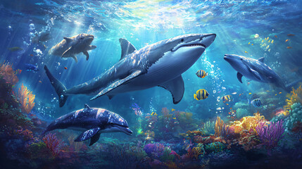 Majestic Great White Shark and Dolphins Underwater Scene