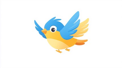 Obraz premium Cute blue and yellow bird cartoon character flying, simple vector graphic on a white background