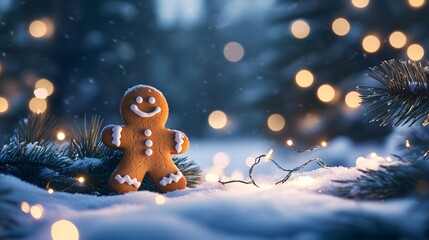 A winter wonderland background with snow-covered pine trees and a smiling gingerbread man perched on a snowy branch, surrounded by glowing fairy lights