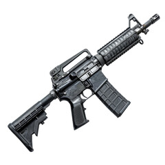 Detailed view of a black rifle on a transparent background showcasing design and features of modern firearms