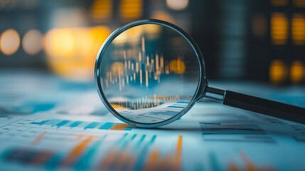 A close-up view of a magnifying glass focusing on financial charts and graphs on a desk.