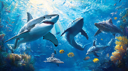 Fototapeta premium Underwater Adventure with Sharks and Dolphins