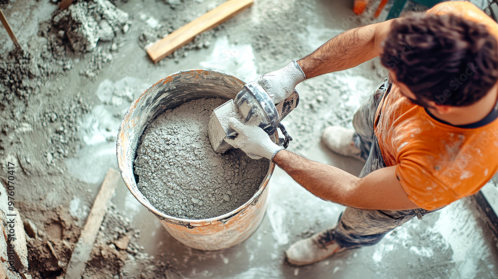 Poster a dedicated worker focuses on mixing a smooth cement solution in a bucket, showcasing the craftsmans