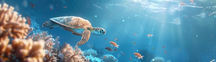 Fototapeta premium Sea turtle swimming through coral reef