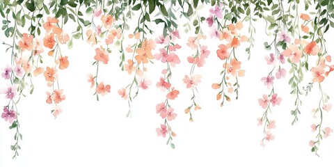 This watercolor illustration showcases a vibrant array of spring flowers, forming a charming border that contrasts with the crisp white background, creating a visually appealing scene