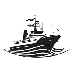 Electric steamer silhouette illustration, Tugboat ship silhouette illustration isolated on white background