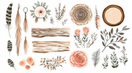 Watercolor Boho Floral & Wood Elements Clipart