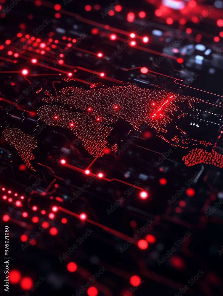 Poster a digital world map with red dots highlighting interconnectedness, symbolizing global communication,