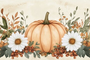 A cute pumpkin with white flowers and greenery is centered on the canvas,
