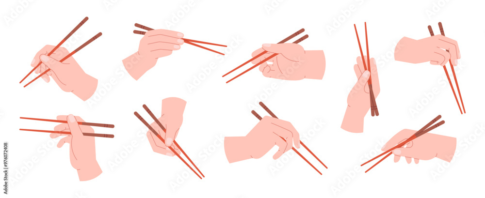 Wall mural hand hold chopsticks different positions. asian style eating with chopstick. chinese japanese korean