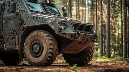 Military Vehicle Driving Through a Dense Forest During Daylight Hours in a Rugged Terrain