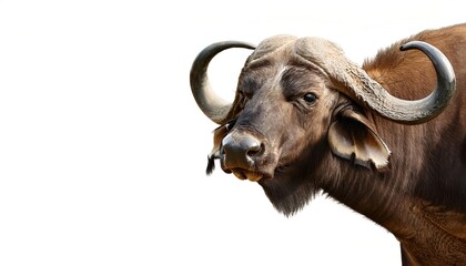 Naklejka premium African cape buffalo - Syncerus caffer - a large Saharan bovine that have fused bases, forming a continuous bone shield across the top of the head, referred to as a boss. Isolated on white background