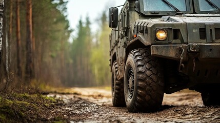 Military Vehicle Navigating a Muddy Forest Road During Overcast Conditions in Springtime