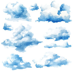 A collection of watercolor clouds in various shapes, perfect for backgrounds, designs, and artistic projects, isolated on a transparent background.