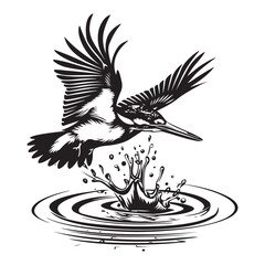 Fototapeta premium River Kingfisher Clipart Silhouette - Common Kingfisher Catching a fish Silhouette illustration in a White Background