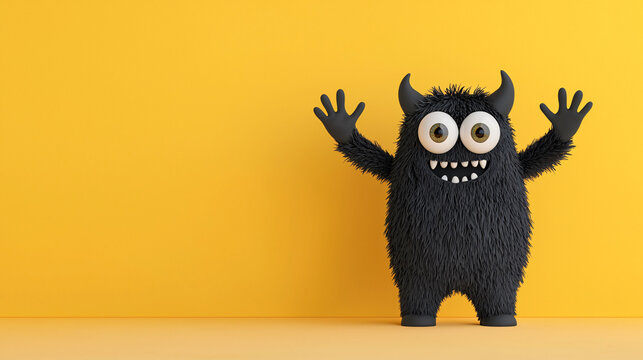 Furry three eyed monster waving with excitement against bright yellow background, showcasing playful and cheerful demeanor. This animated character brings joy and fun to any setting