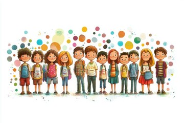 Obraz premium A group of cool school kids, boys and girls, around 9 years.. pastel tones on white background