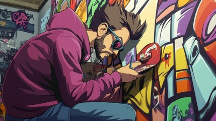 A young man with a beard and sunglasses sketches on a notepad in front of a colorful graffiti wall.