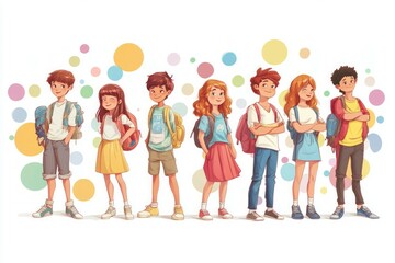 Fototapeta premium A group of cool school kids, boys and girls, around 9 years.. pastel tones on white background