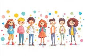 A group of cool school kids, boys and girls, around 9 years.. pastel tones on white background
