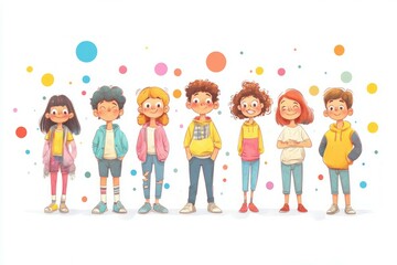 Fototapeta premium A group of cool school kids, boys and girls, around 9 years.. pastel tones on white background