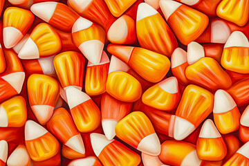  A repeating pattern of a  vibrant, close-up illustration of a pile of colorful candy corn, featuring bright orange, yellow, and white pieces, perfect for Halloween and autumn-themed designs.