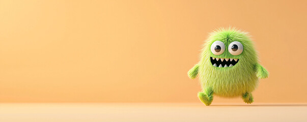 Fuzzy green monster with big eyes and playful expression races through soft orange background, evoking sense of joy and whimsy