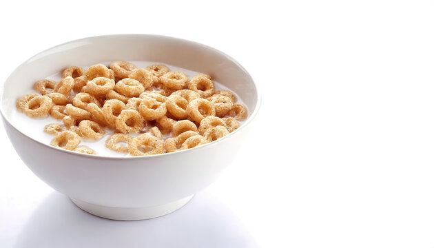 Bowl of Whole Grain breakfast Cereal rings with whole milk isolated on white background with copy space. Diet healthy eating concept