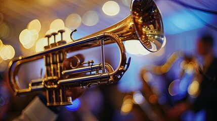 A Golden Trumpet Held Up Against a Blurred Background of Lights and a Musician