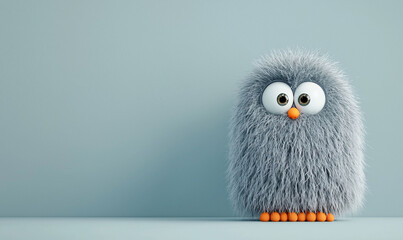 Obraz premium Fluffy and big eyed, this furry monster stands in surprise against soft blue background, showcasing its adorable features and vibrant orange feet
