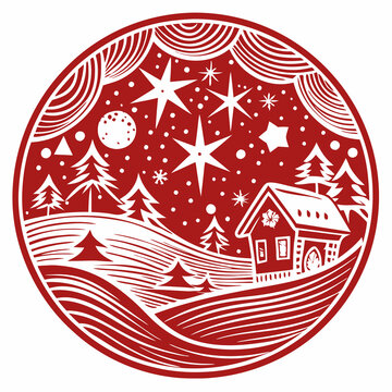 Winter Night Scene in Red and White Circular Papercut Style for Christmas Decoration