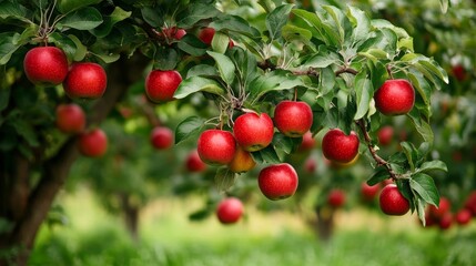 Obraz premium A lush apple tree laden with ripe red apples, symbolizing abundance, harvest, nature's bounty, freshness, and healthy eating.