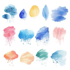 A vibrant collection of watercolor shapes, including droplets and splashes, perfect for creative projects and artistic backgrounds., isolated on a transparent background.