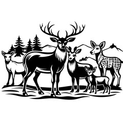 Deer Family with Majestic Stag Calmly Standing in Snowy Forest Landscape